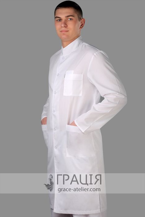 Медицинский мужской белый халат Стойка, 42, смесовая (х/б - 35%, п/э - 65%)
